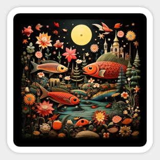 Surrealistic Folk Art Dark Floral Motif Fish Design Sticker